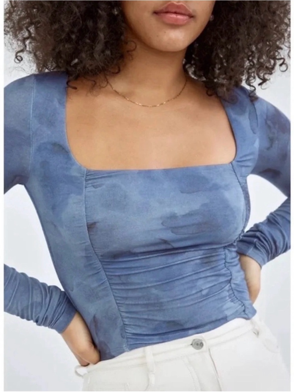 Wilfred Aritzia Washed Blue Square-Neck Long Sleeve Top